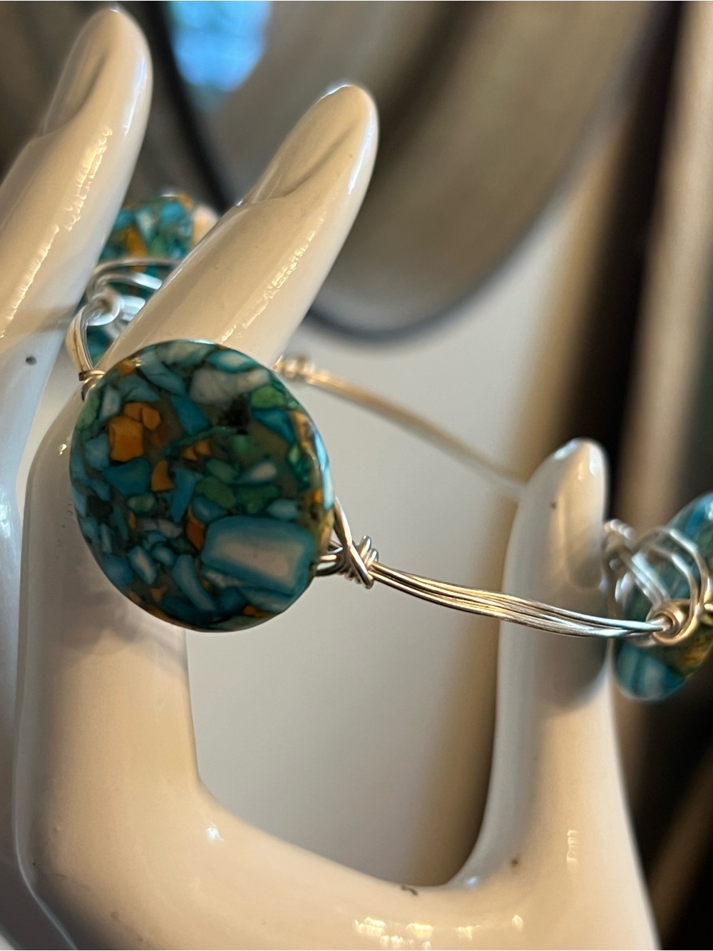 Turquoise Mosaic Bead Wire Bangle Bracelet - Women Jewelry inner width 3 inches